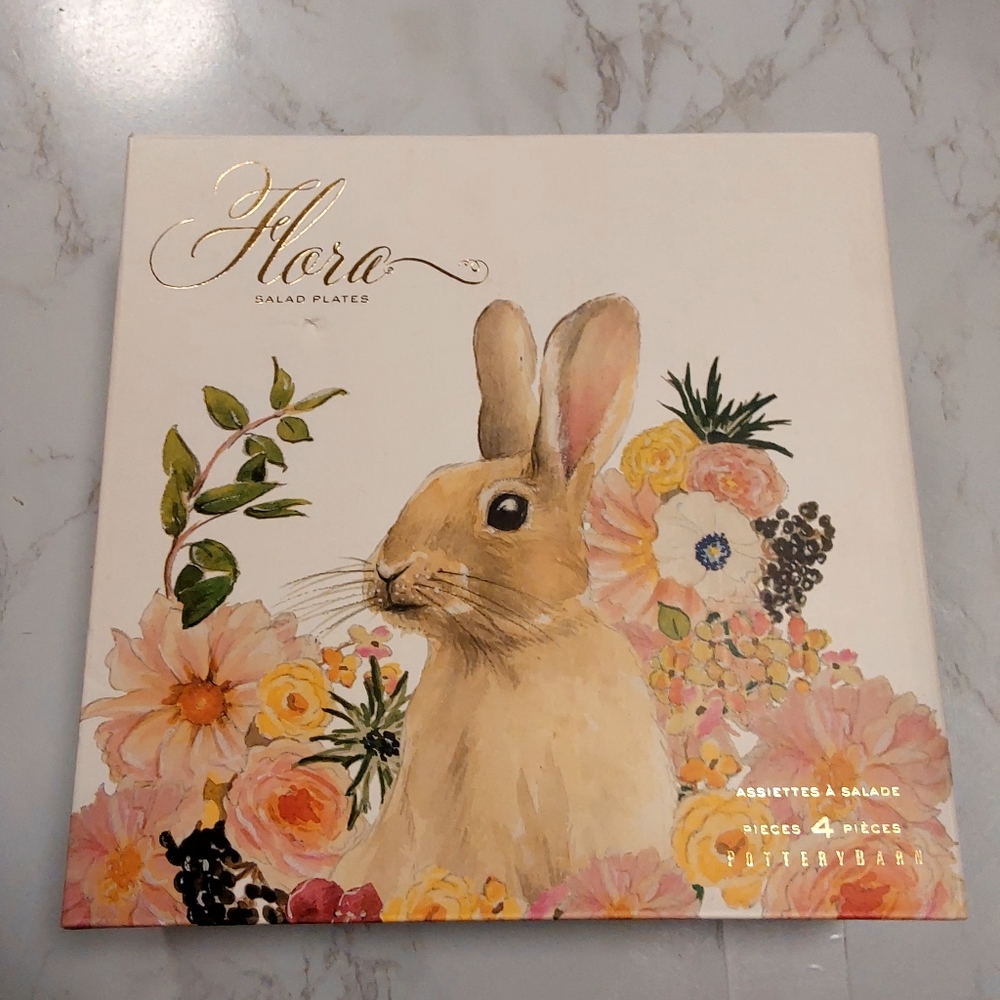 Pottery Barn Flora Floral Bunny Salad Plates S/ 4 Assortment Easter 8.25" NIB